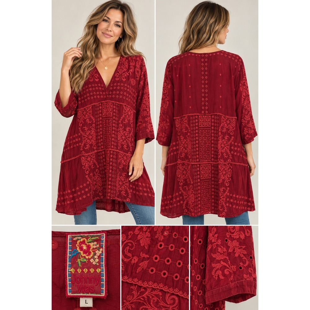 Johnny Was Tunic Top Burgundy Red Embroidered Eyelet Boho Size L